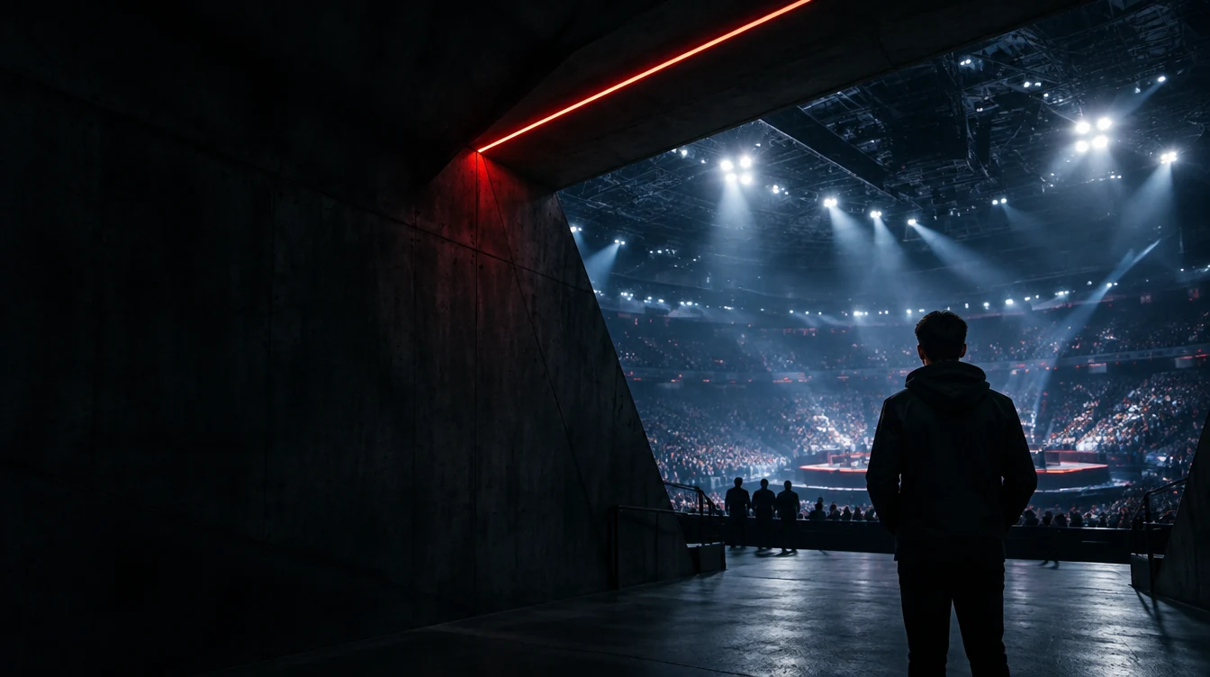 The view into a floodlit arena from a concrete entrance tunnel